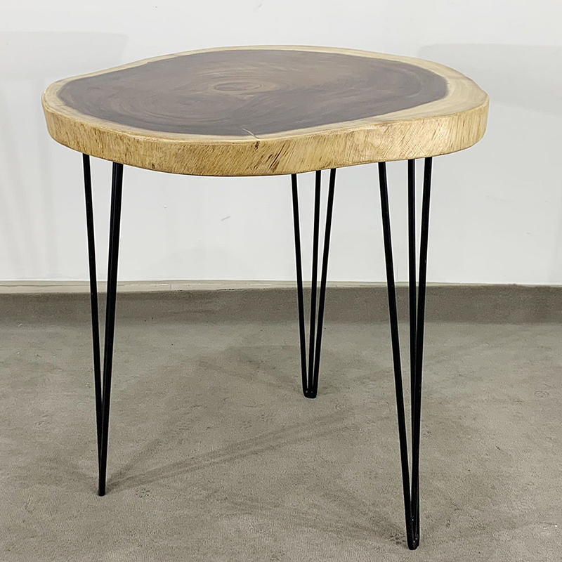 Bàn cafe tròn gỗ Me Tây nguyên tấm chân Hairpin GC602