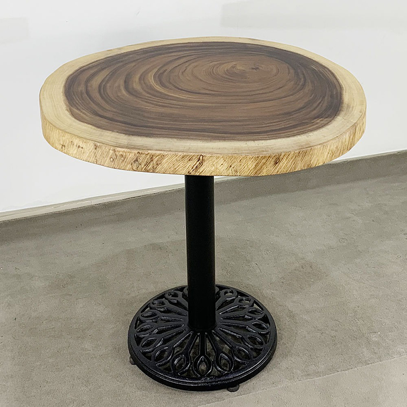 Bàn tròn cafe chân gang mặt gỗ Me Tây nguyên khối GC605