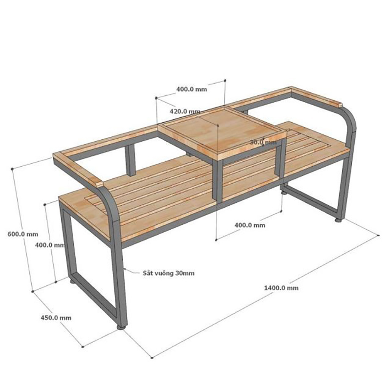 Ghế băng dài liền khay trà cho không gian sân vườn BS402