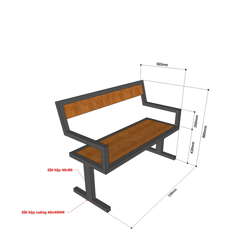 Ghế băng dài 1m2 khung sắt mặt gỗ cao su ghép BS294