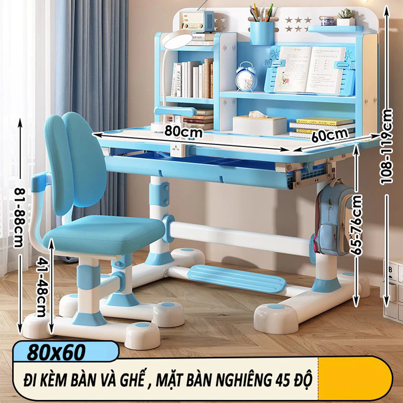 Bộ bàn ghế học thông minh C12 thiết kế liền giá sách điều chỉnh độ cao BH040