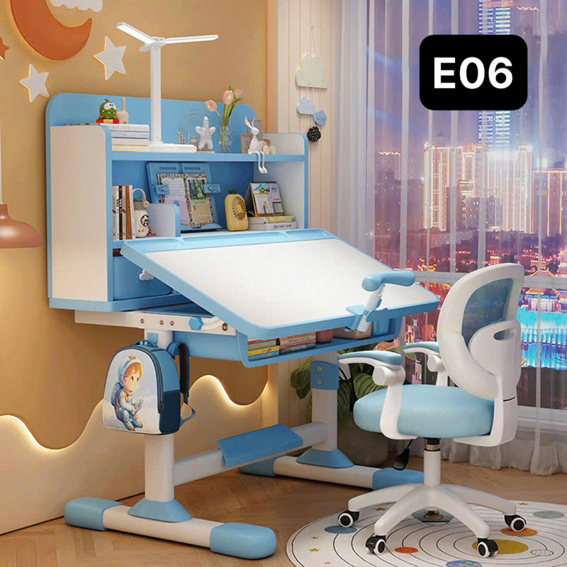 Bộ bàn học trẻ em thông minh E06, bàn học hỗ trợ chống gù có kệ sách mới, ghế xoay 360 độ BH935