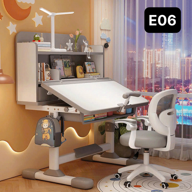 Bộ bàn học trẻ em thông minh E06, bàn học hỗ trợ chống gù có kệ sách mới, ghế xoay 360 độ BH935