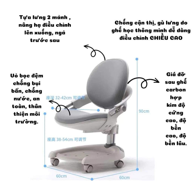 Ghế ngồi học cho bé cấp 1, chỉnh độ cao linh hoạt, an toàn BH977
