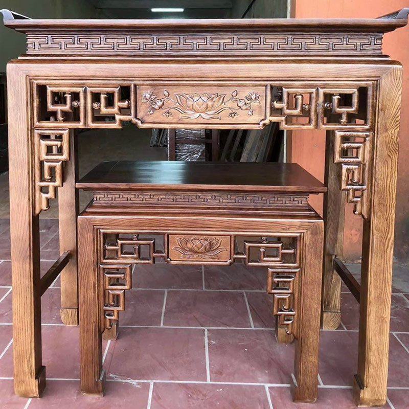 Bàn thờ, bàn cúng triện sen gỗ sồi BO639