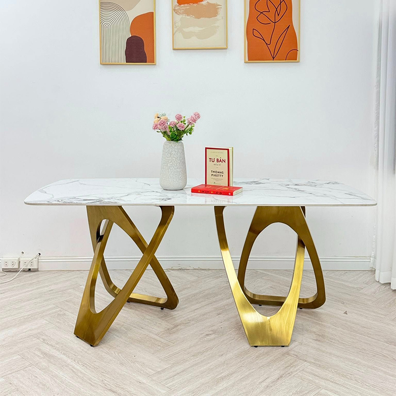 Bộ bàn ăn khung INOX mạ vàng PVD mặt đá 6 ghế BO921