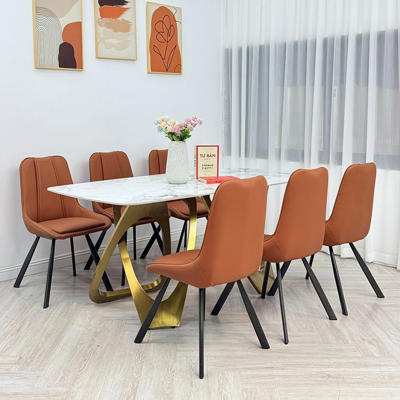 Bộ bàn ăn khung INOX mạ vàng PVD mặt đá 6 ghế BO921