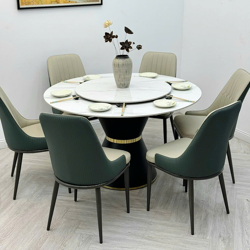 Bộ bàn ăn tròn mặt đá xoay 2 tầng, 6 ghế Monet nhập khẩu BA346