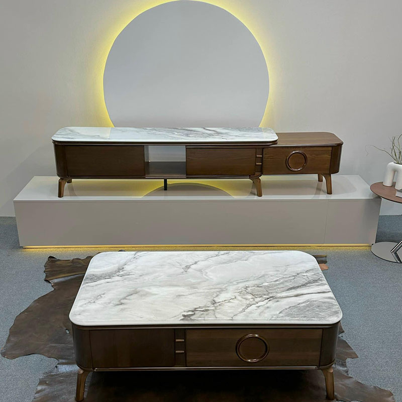 Combo kệ tivi & bàn trà đồng bộ gỗ sồi mặt đá Ceramic CT243