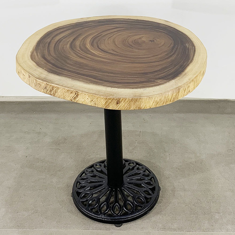 Bàn tròn cafe chân gang mặt gỗ Me Tây nguyên khối GC605