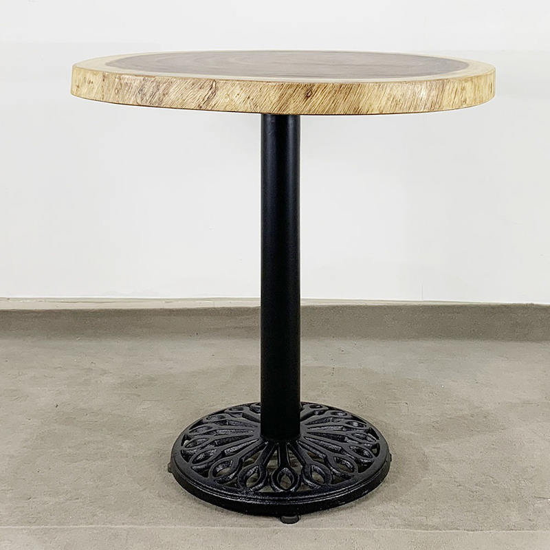 Bàn tròn cafe chân gang mặt gỗ Me Tây nguyên khối GC605