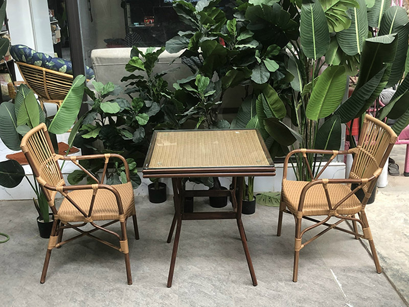 Bàn ghế khung nhôm đan mây nhựa ngoài trời BS105