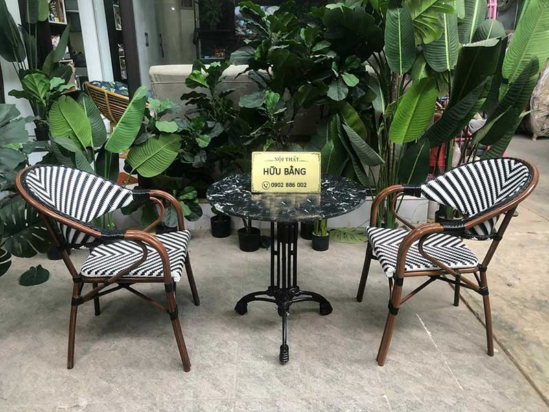Bộ bàn ghế mây tròn mặt đá 2 ghế ngoài trời BS108