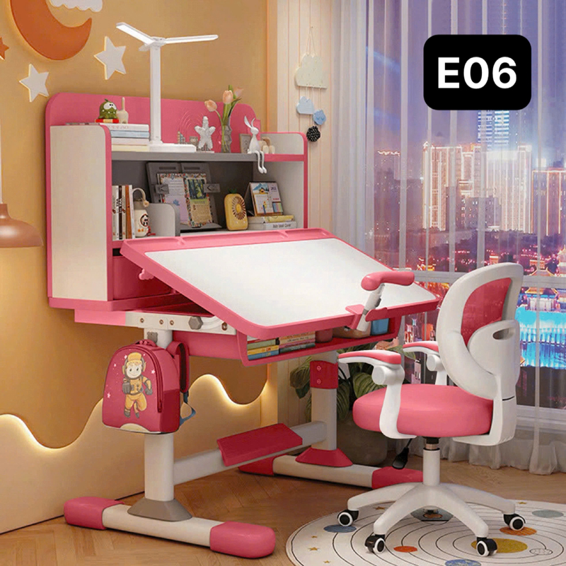 Bộ bàn học trẻ em thông minh E06, bàn học hỗ trợ chống gù có kệ sách mới, ghế xoay 360 độ BH935