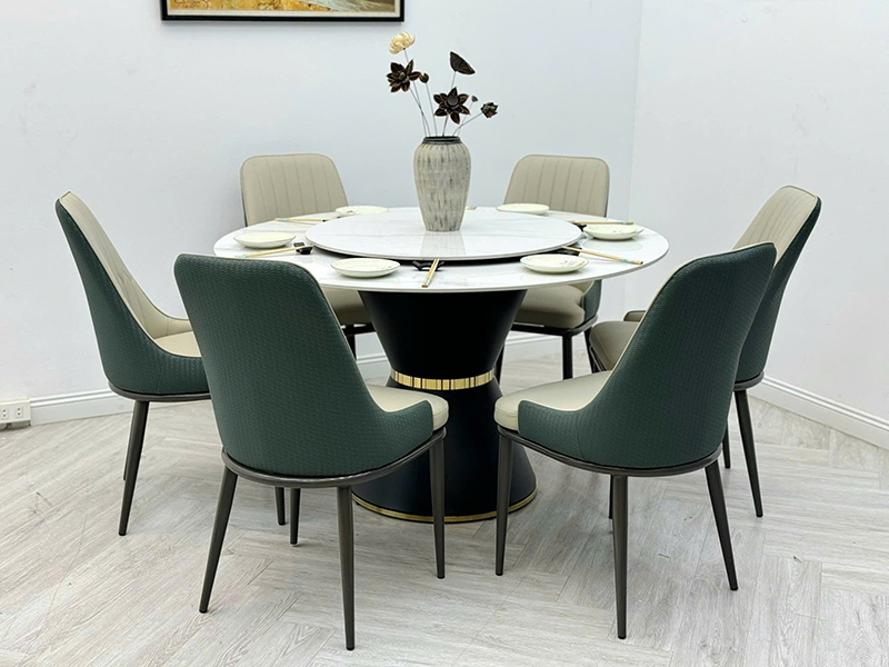 Bộ bàn ăn tròn mặt đá xoay 2 tầng, 6 ghế Monet nhập khẩu BA346