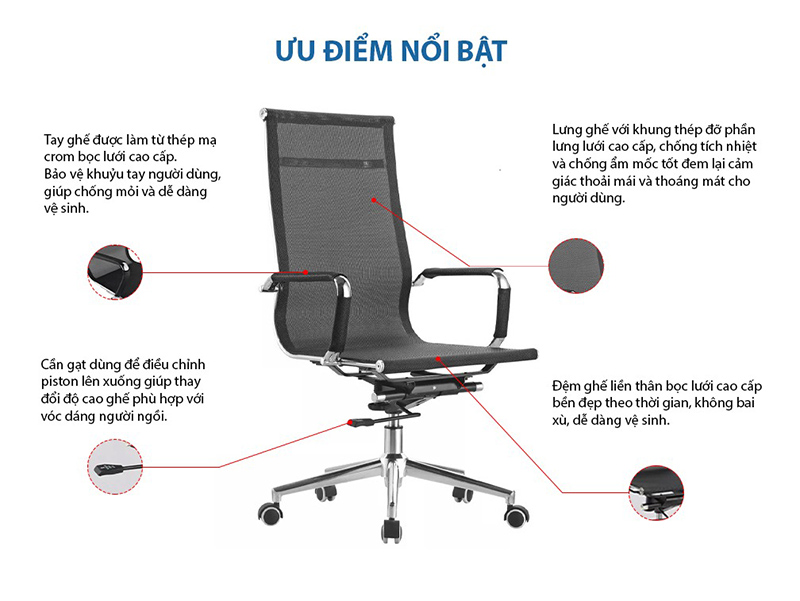 Ghế văn phòng mặt lưới chân xoay 360 độ nhập khẩu GV294
