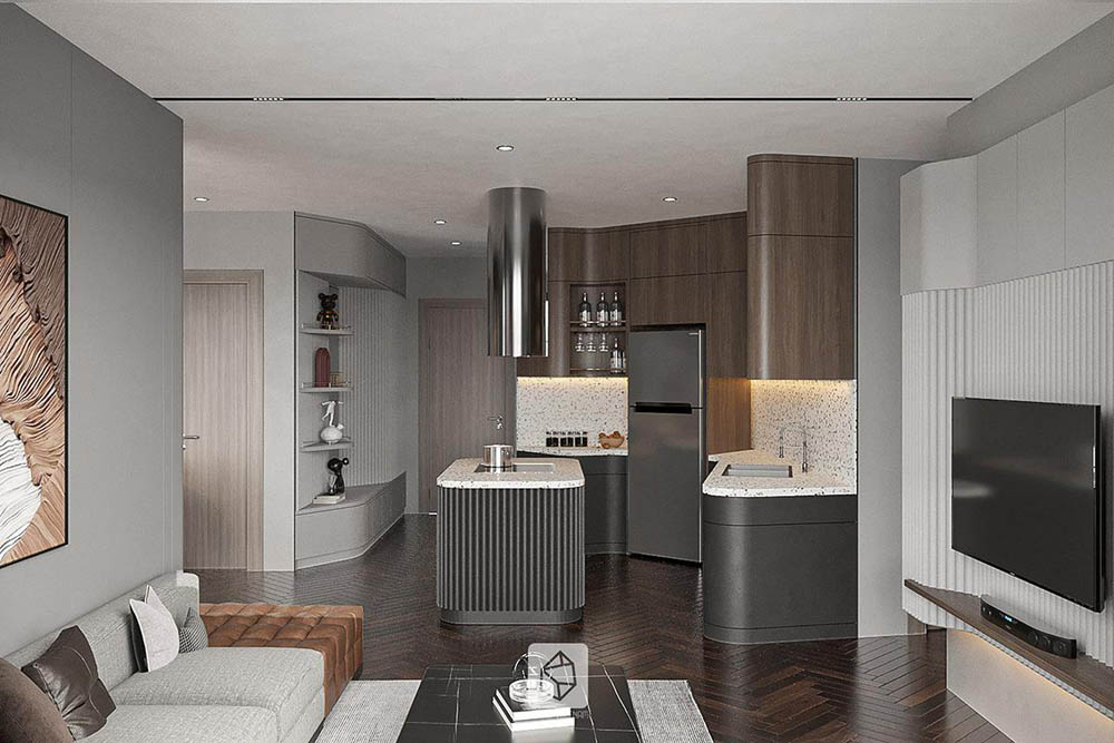 15+ Mẫu Nội Thất Chung Cư Vinhomes Smart City Đẹp, Hiện Đại Và Tối Ưu Diện Tích Mẫu nội thất phòng khách liền bếp không gian mở