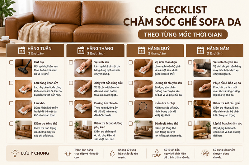Checklist chăm sóc ghế sofa da theo từng mốc thời gian
