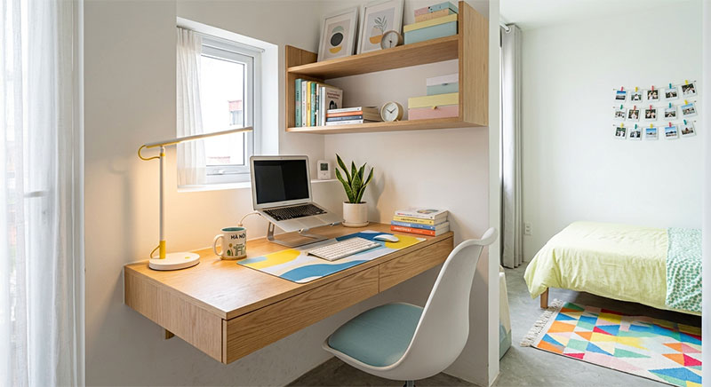 Bàn làm việc liền tường tiết kiệm diện tích cho phòng làm việc dưới 10m2