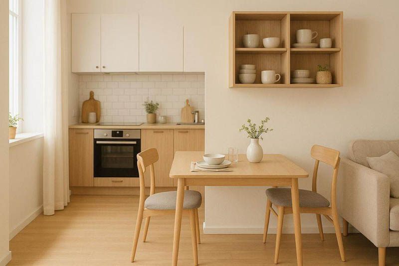 Khu vực bếp homestay sáng sủa với bàn ăn gỗ, ghế hiện đại, kệ mở và cây trang trí.